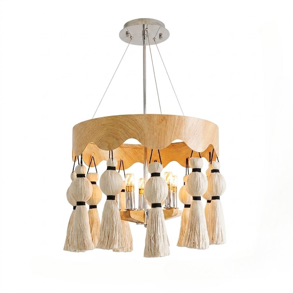 Wood-Effect Tassel Chandelier, 6 Light