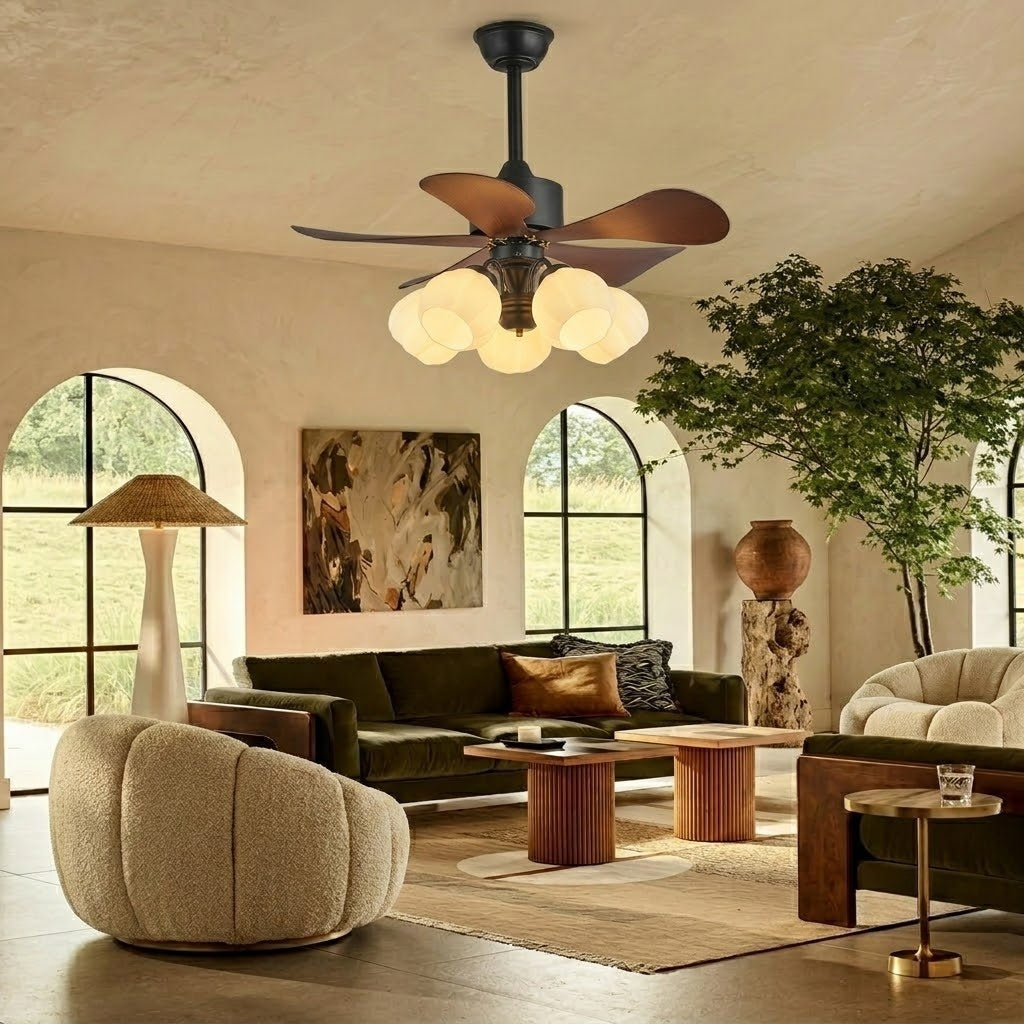 Wood Effect Fan with Flower Glass Shades