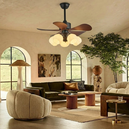 Wood Effect Fan with Flower Glass Shades