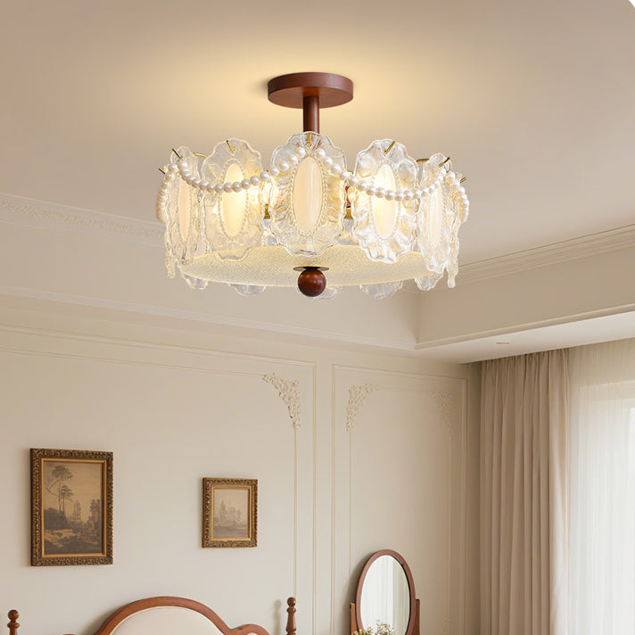 French Glass and Wood Ceiling Lamp
