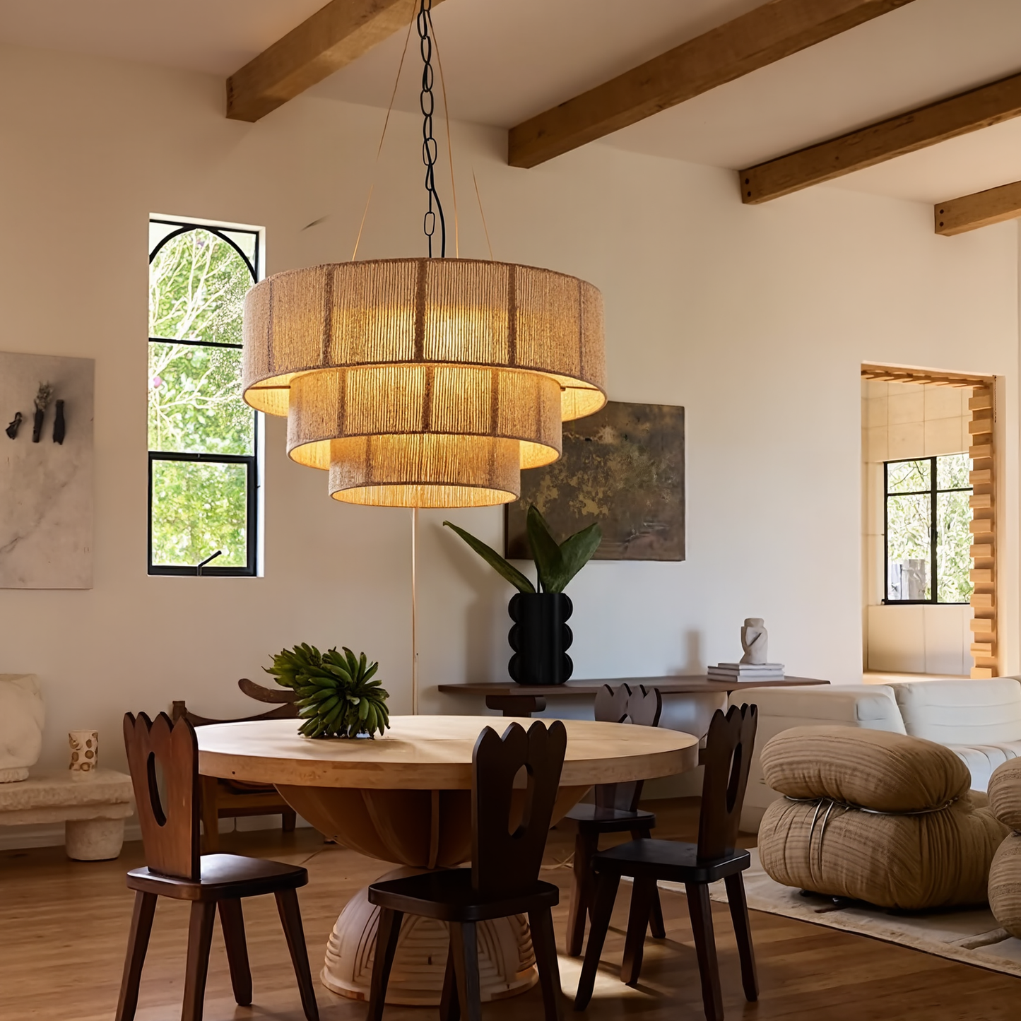 Three-Tier Jute Rope Drum Chandelier