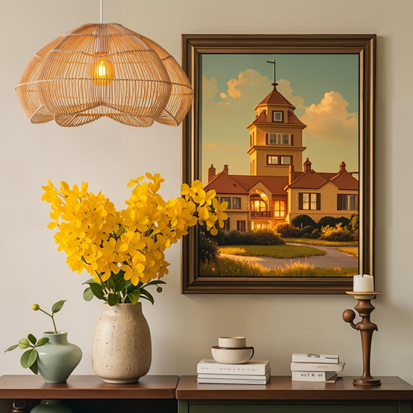 Rattan Scalloped Fluted Dome Pendant