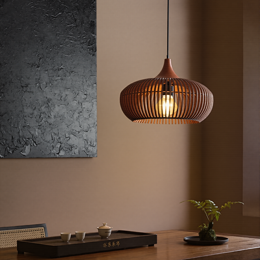 Modern slatted wood pumpkin pendant light in walnut and natural finishes with adjustable 2M cord for Japandi dining room decor