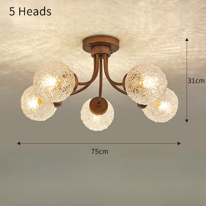 French Vintage Wood and Glass Ceiling Light