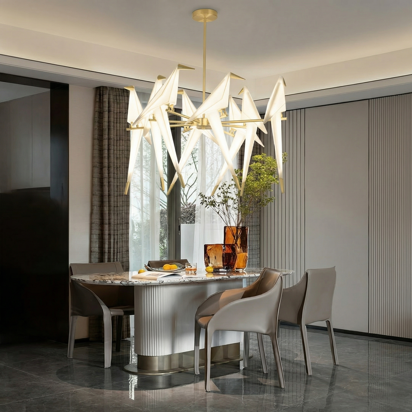 8-Light Origami Bird Branch Chandelier