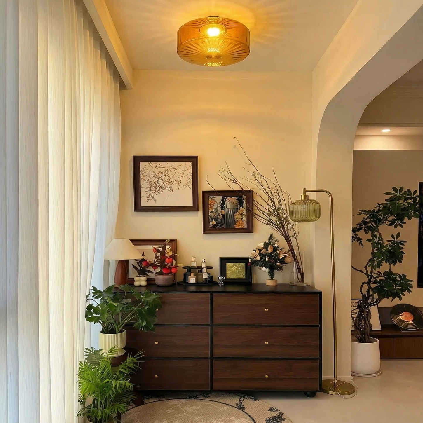 Amber Ribbed Glass Flush Mount Light