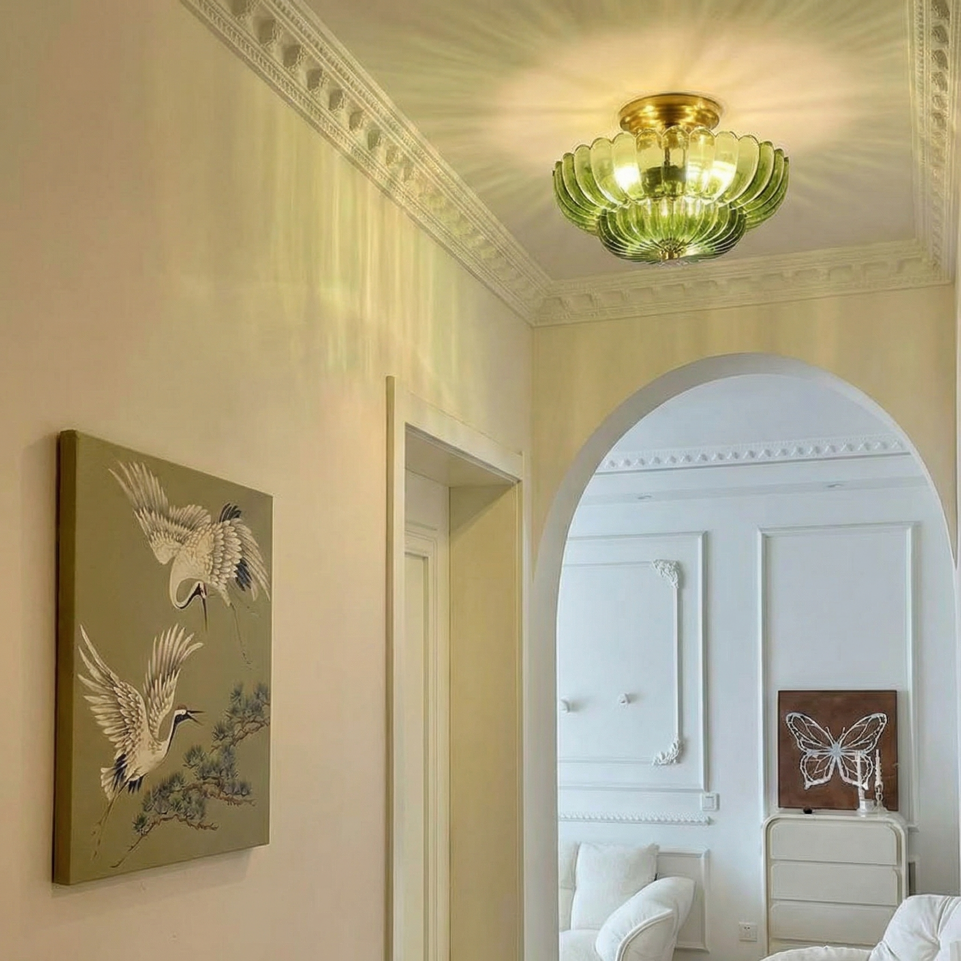 Modern glass semi-flush mount ceiling light with umbrella shape ribbed glass in green clear and smoke finishes for bedroom and hallway decor