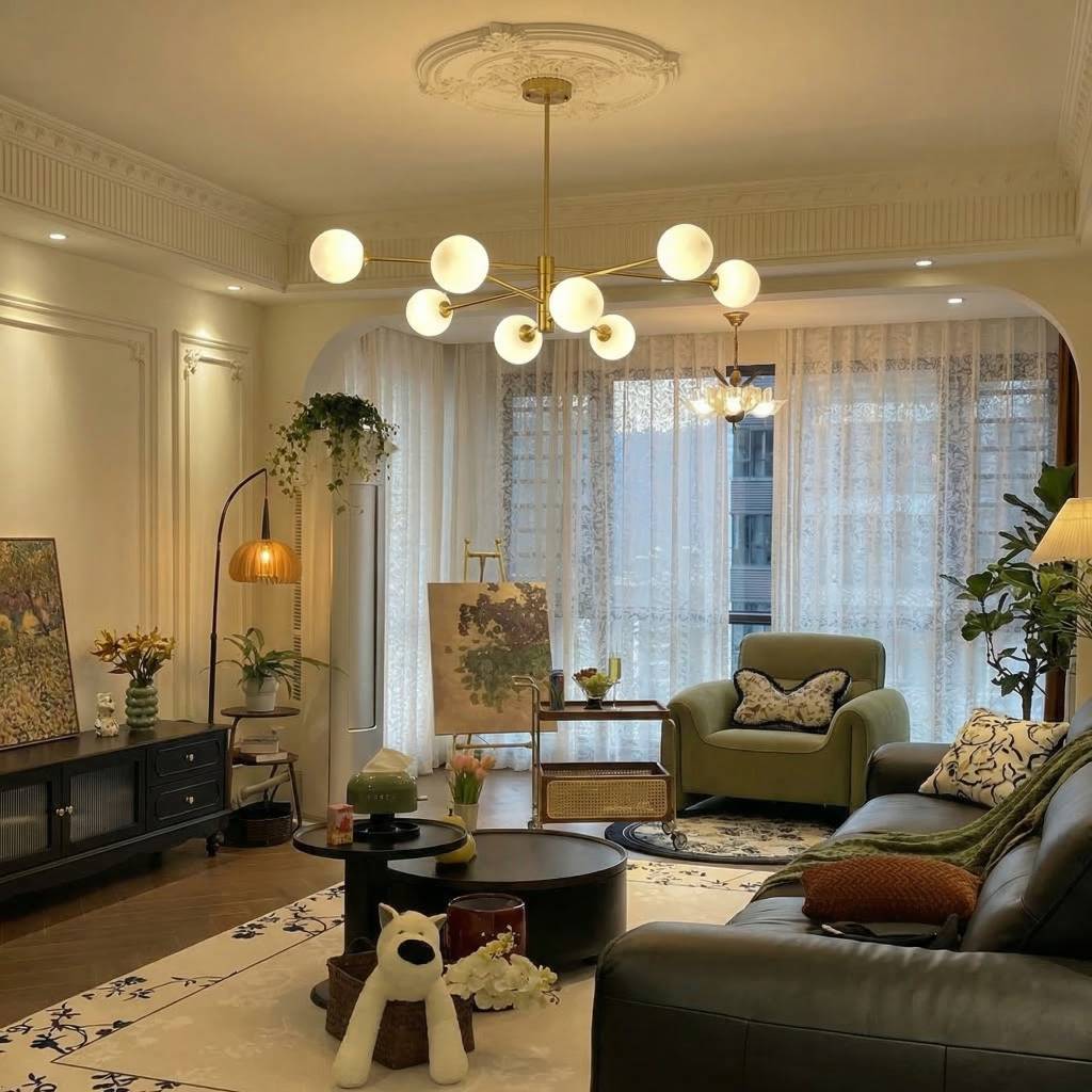 Gold Sputnik Chandelier with Milk Glass Globes