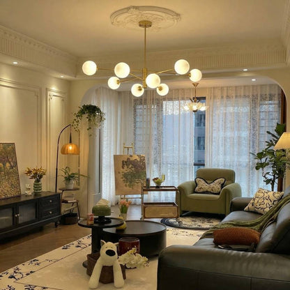 Gold Sputnik Chandelier with Milk Glass Globes