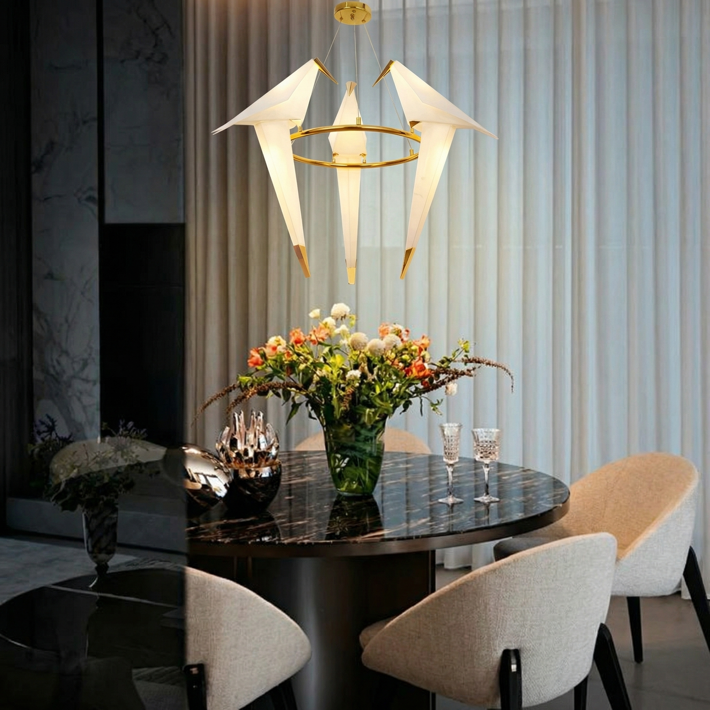 3-Bird Circular Origami Chandelier in Gold