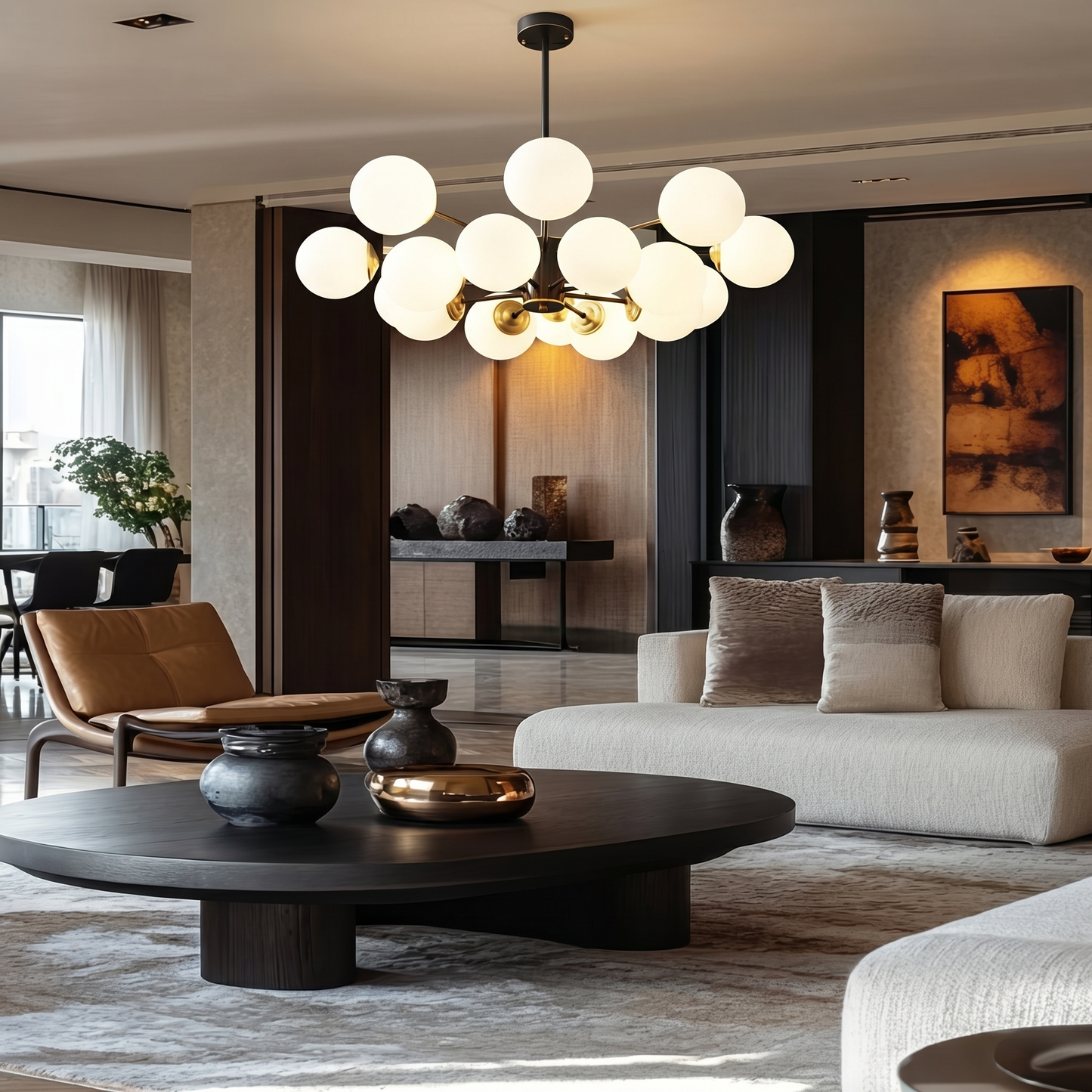 Dual-Tier Globe Chandelier in Black and Gold