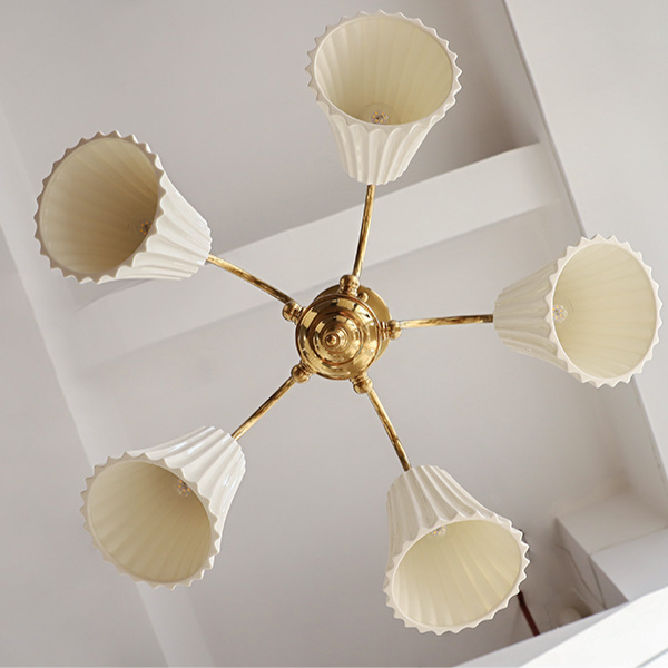 Brass Chandelier with Pleated Ceramic Shades