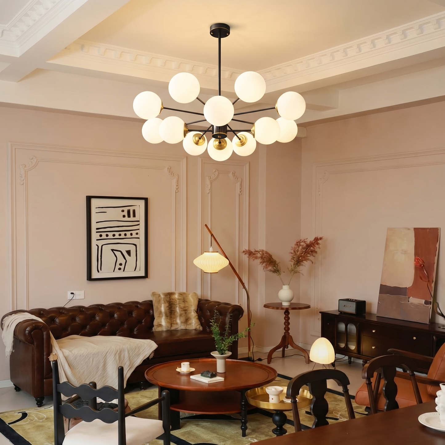 Dual-Tier Globe Chandelier in Black and Gold