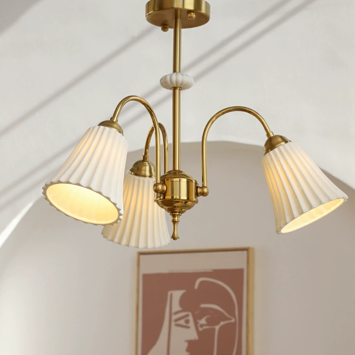 Brass Chandelier with Pleated Ceramic Shades