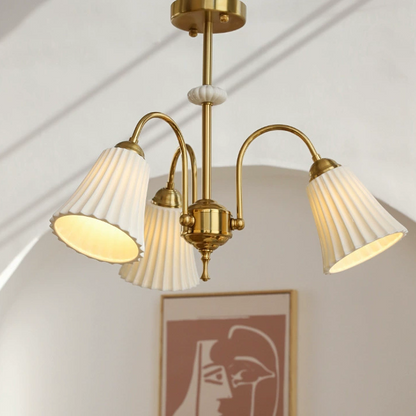 Brass Chandelier with Pleated Ceramic Shades