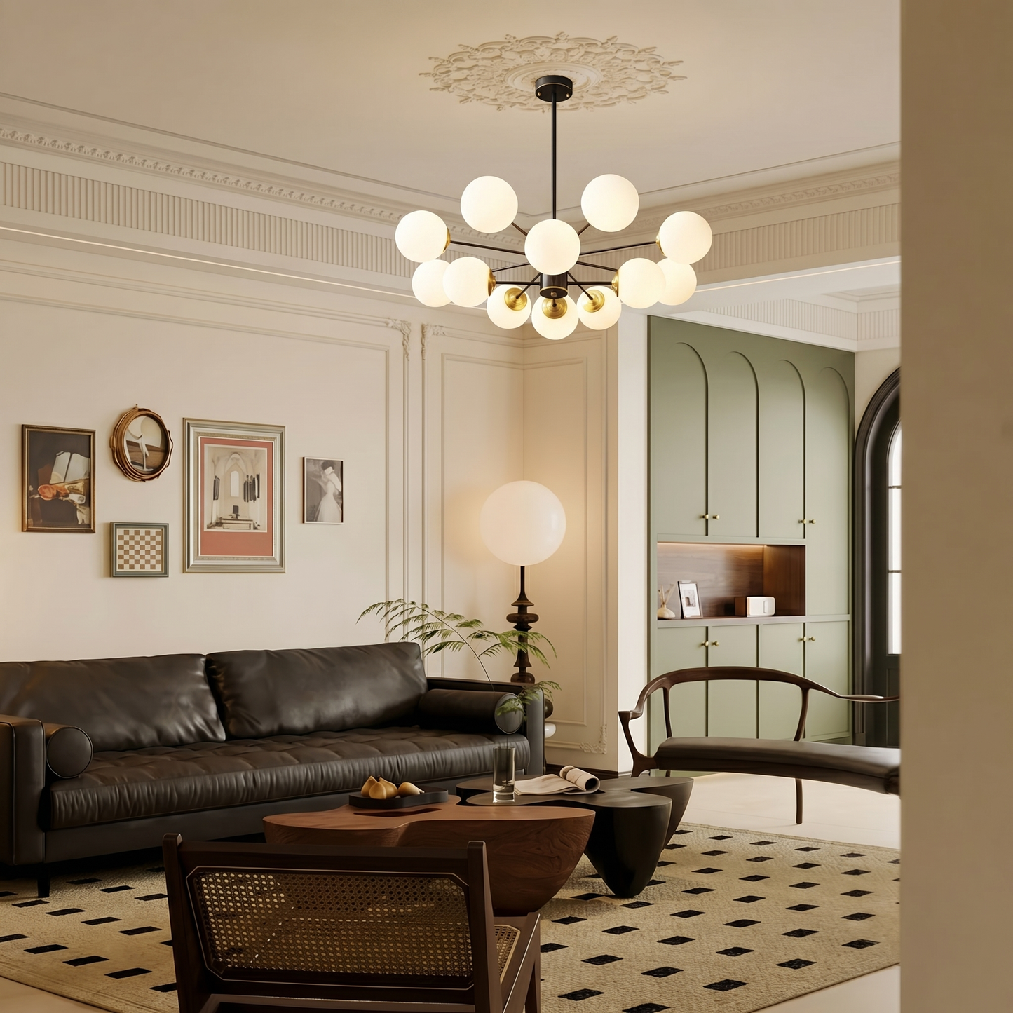 Dual-Tier Globe Chandelier in Black and Gold