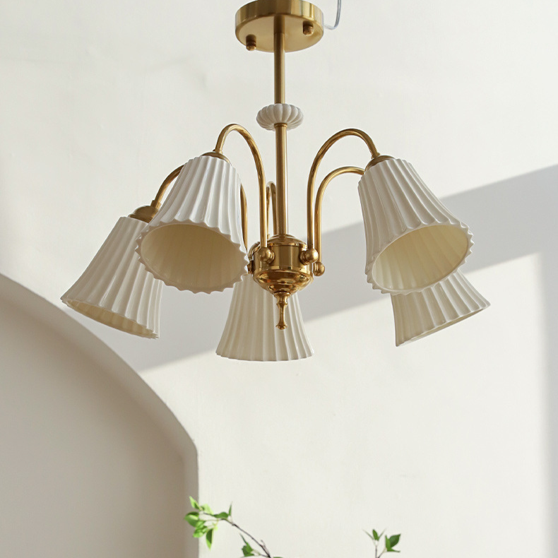 Brass Chandelier with Pleated Ceramic Shades