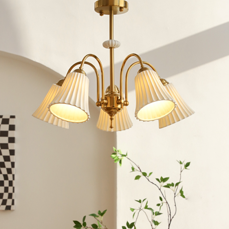 Brass Chandelier with Pleated Ceramic Shades