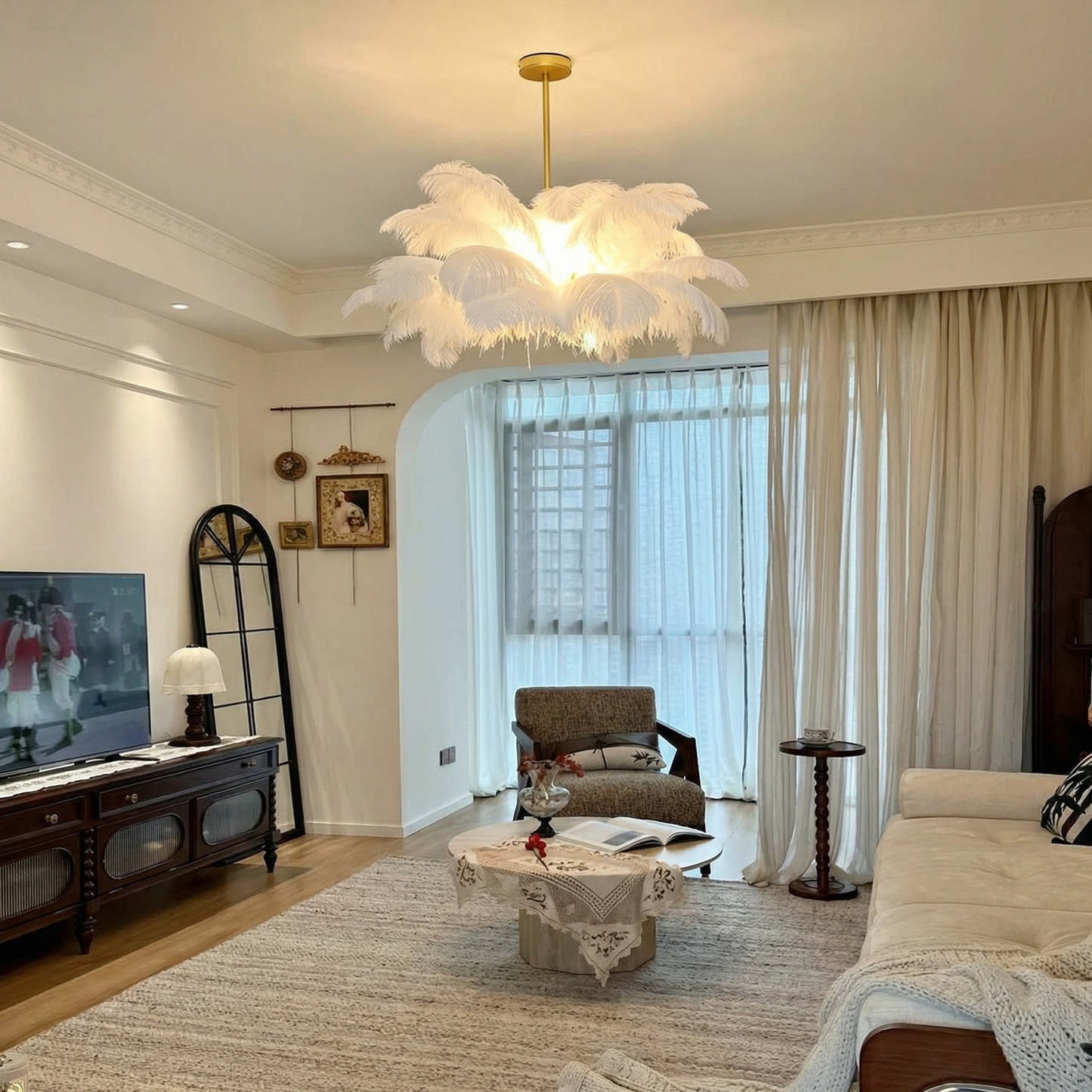 Ostrich Feather Chandelier in Gold