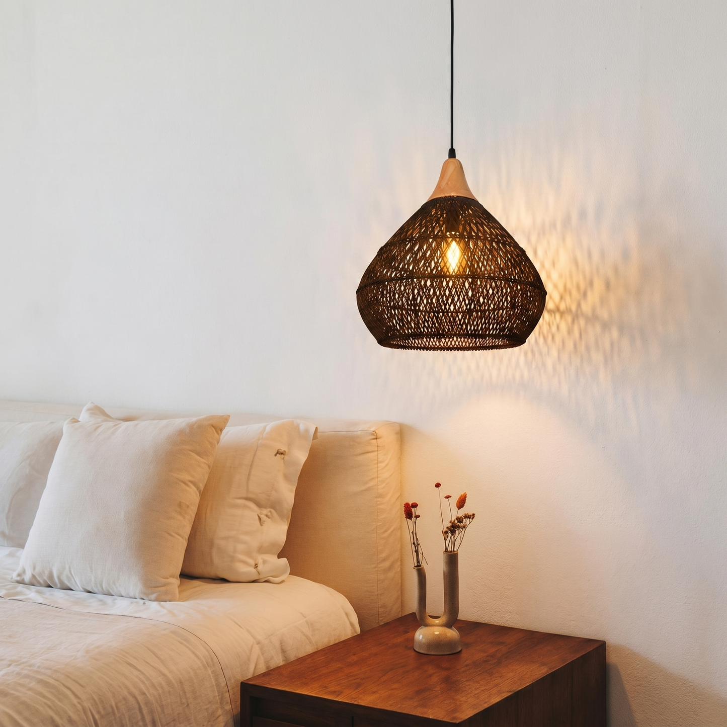 Matte Black Rattan Teardrop Pendant