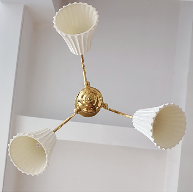 Brass Chandelier with Pleated Ceramic Shades