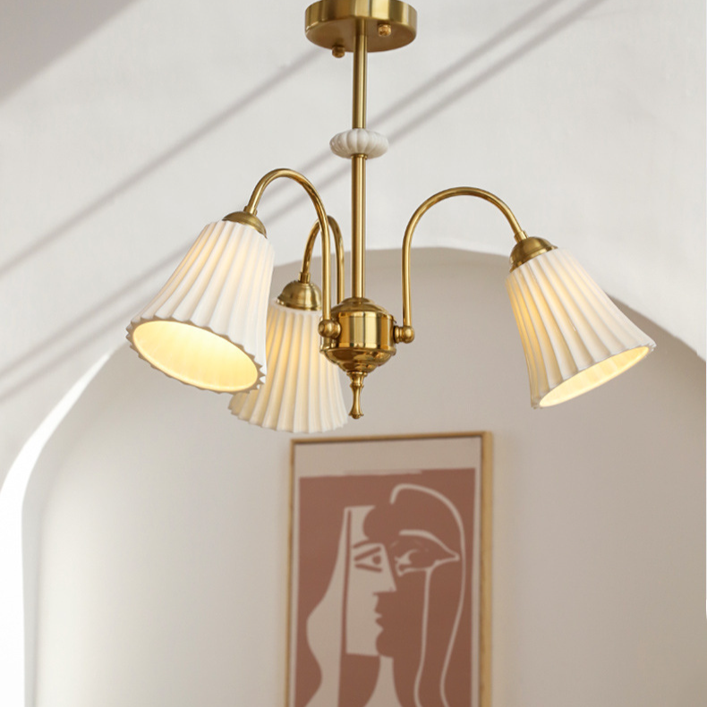 Brass Chandelier with Pleated Ceramic Shades