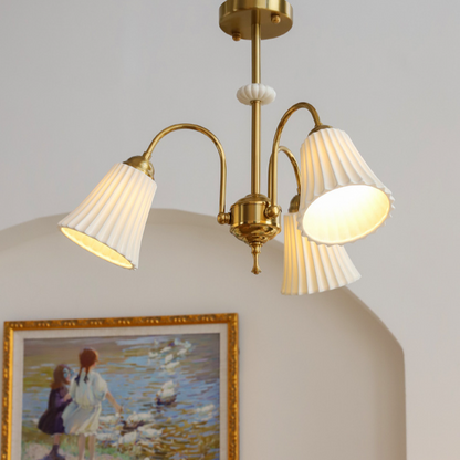 Brass Chandelier with Pleated Ceramic Shades