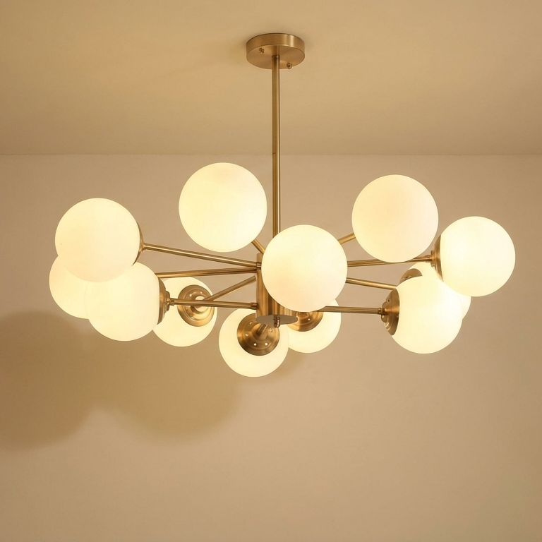 Brass Sputnik Chandelier with Opal Globes