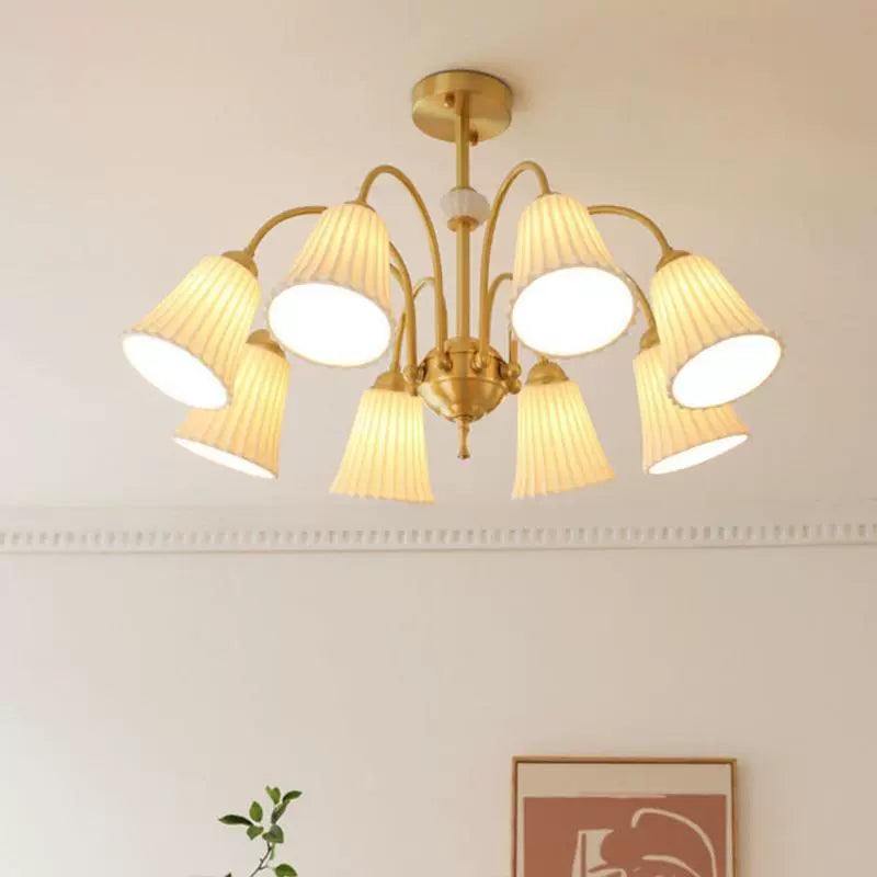 Brass Chandelier with Pleated Ceramic Shades