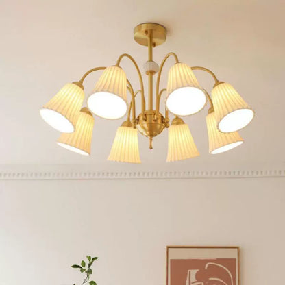 Brass Chandelier with Pleated Ceramic Shades