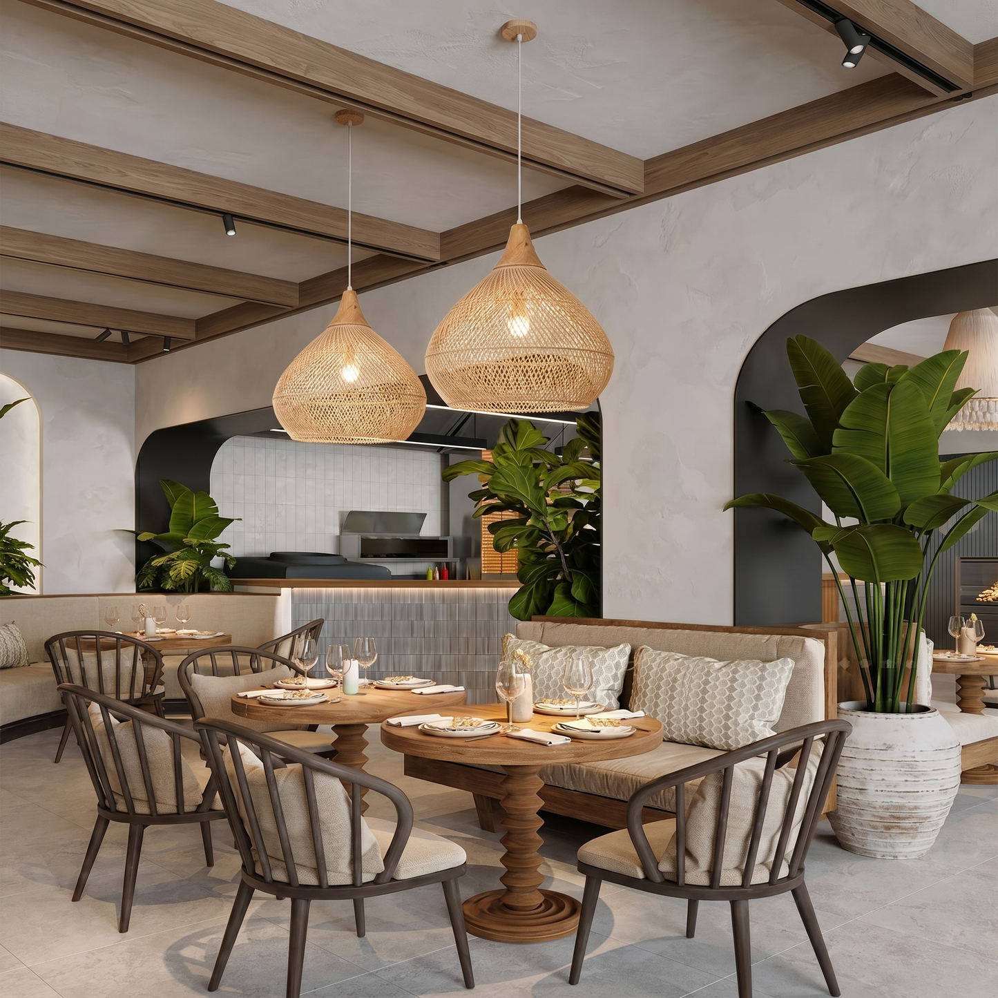 Rattan Teardrop Pendant with Wood Top