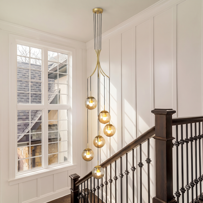 Spiral Amber Glass Globe Staircase Chandelier