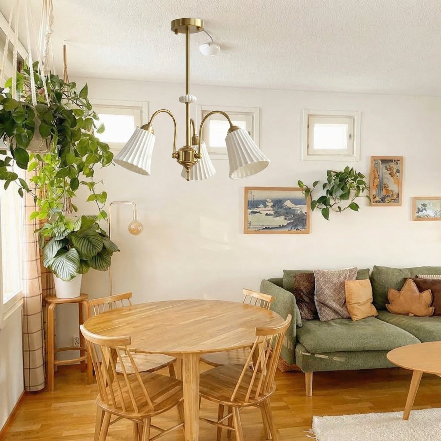 Brass Chandelier with Pleated Ceramic Shades