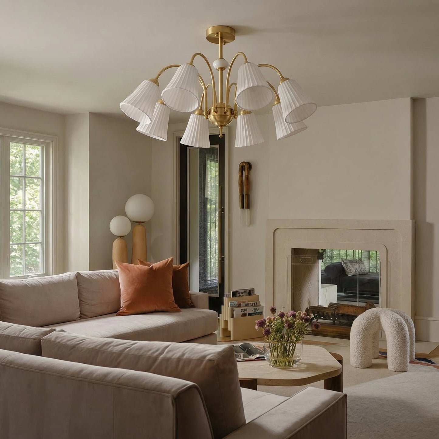 Brass Chandelier with Pleated Ceramic Shades