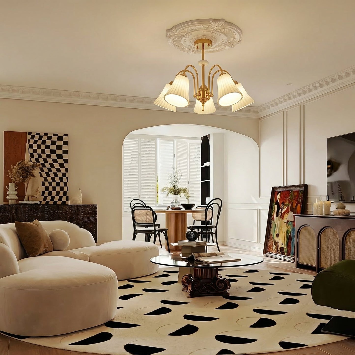 Brass Chandelier with Pleated Ceramic Shades