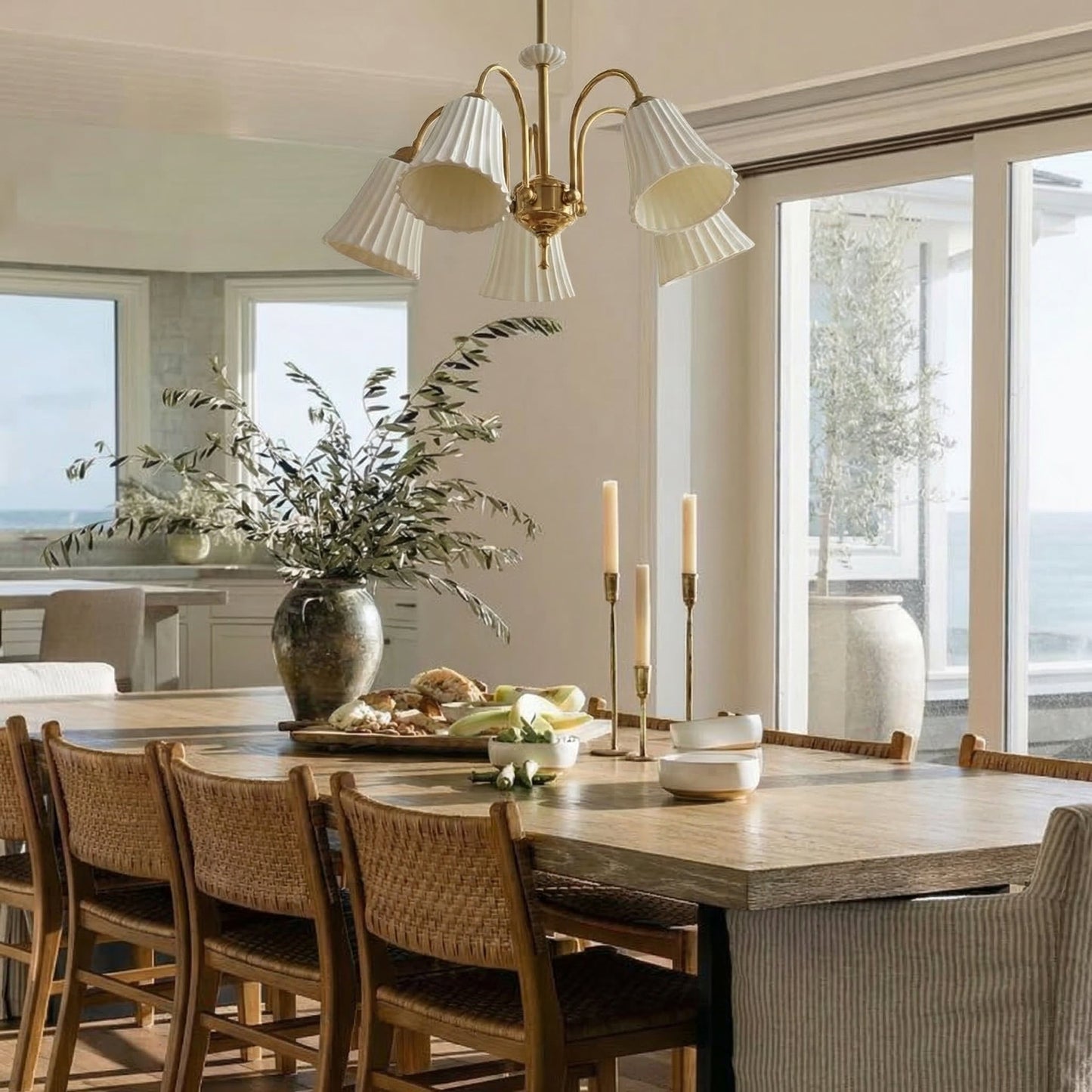 Brass Chandelier with Pleated Ceramic Shades