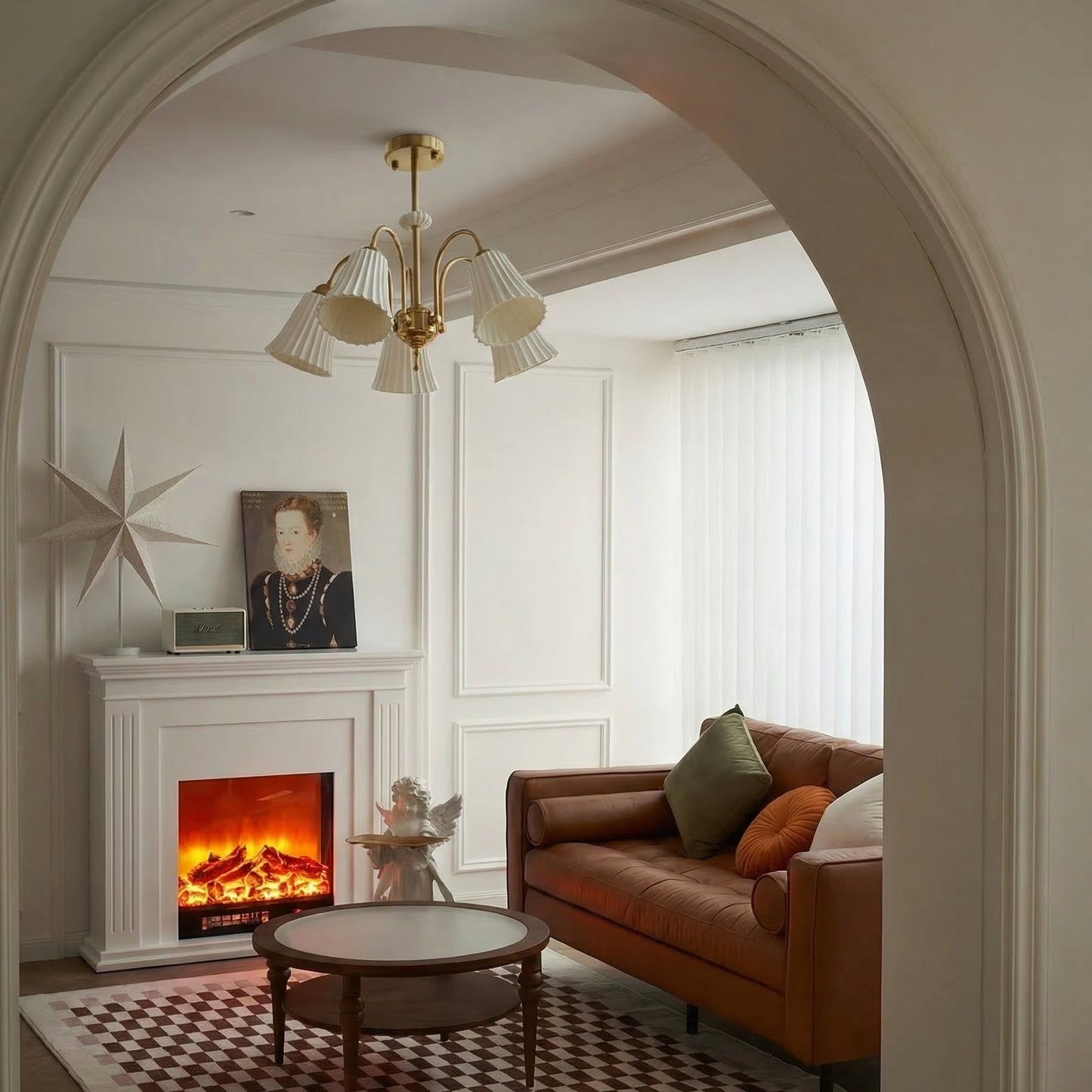 Brass Chandelier with Pleated Ceramic Shades