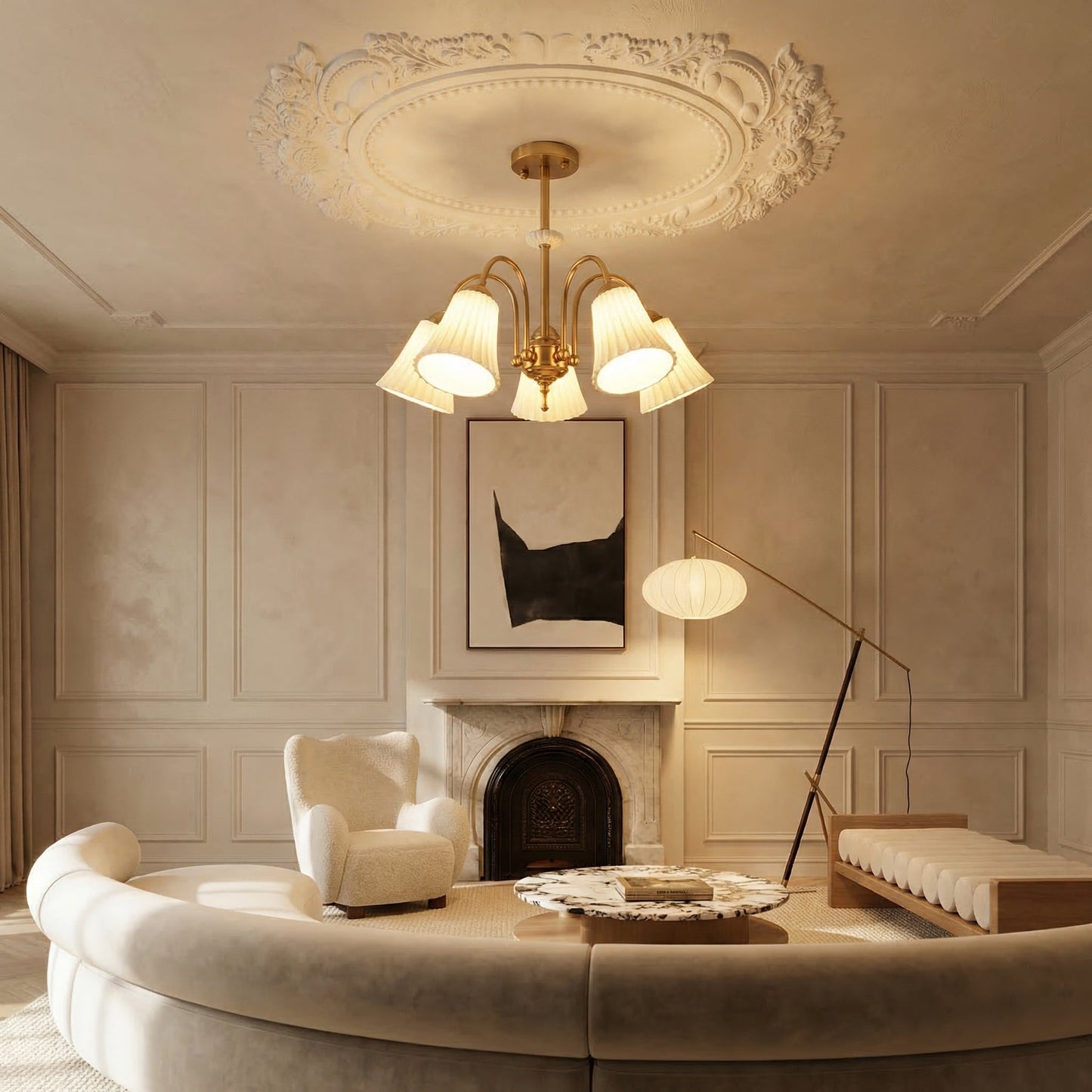 Brass Chandelier with Pleated Ceramic Shades