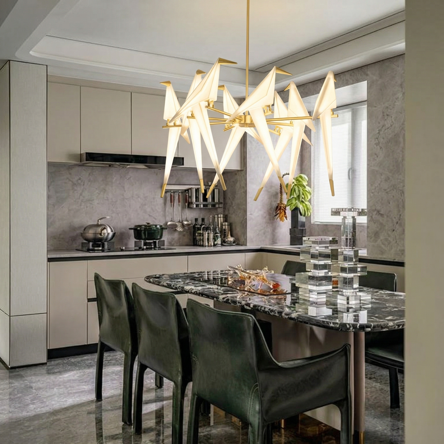8-Light Origami Bird Branch Chandelier