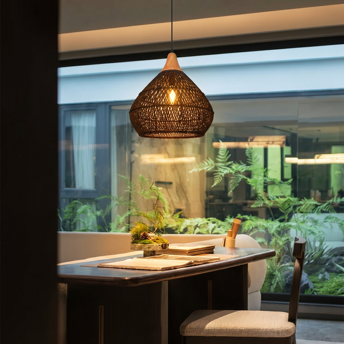 Matte Black Rattan Teardrop Pendant