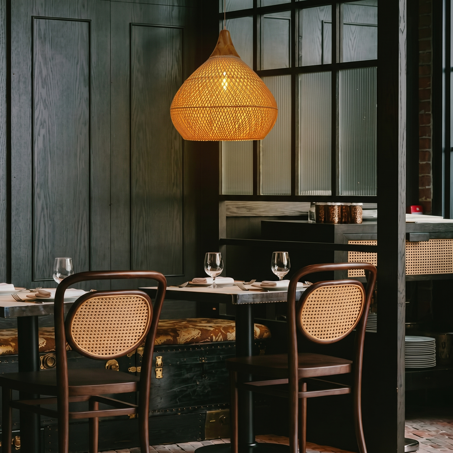 Rattan Teardrop Pendant with Wood Top