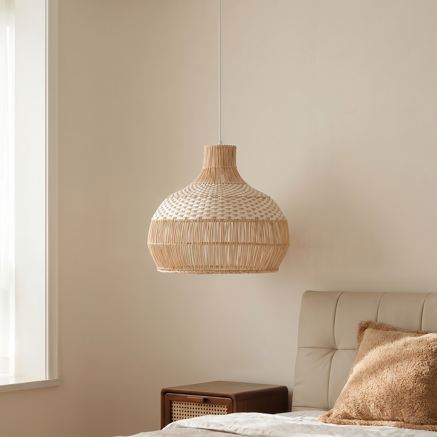 Two-Tone White Band Rattan Bell Pendant