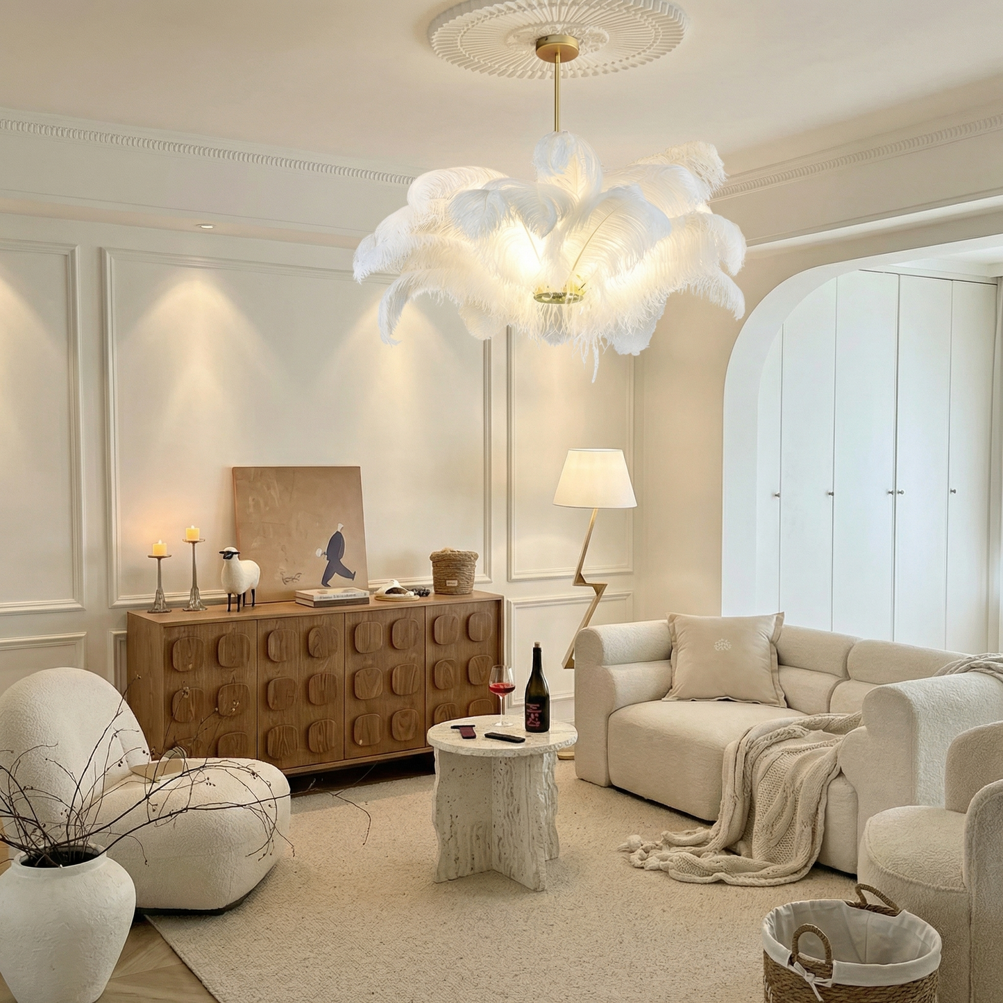 Ostrich Feather Chandelier in Gold
