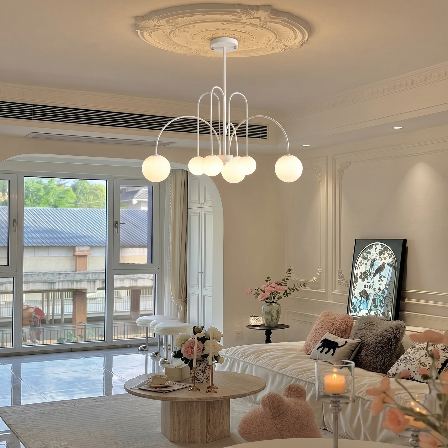 Gooseneck Opal Globe Chandelier
