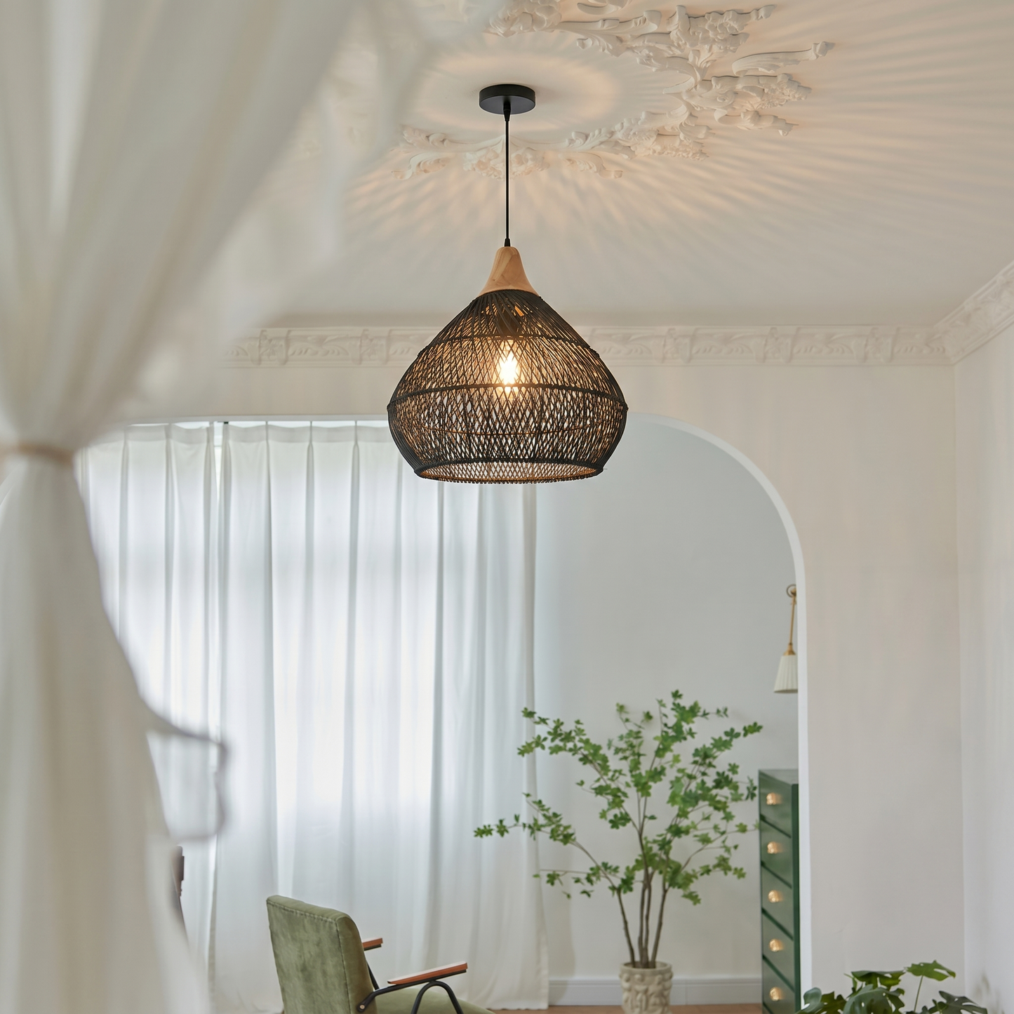 Matte Black Rattan Teardrop Pendant
