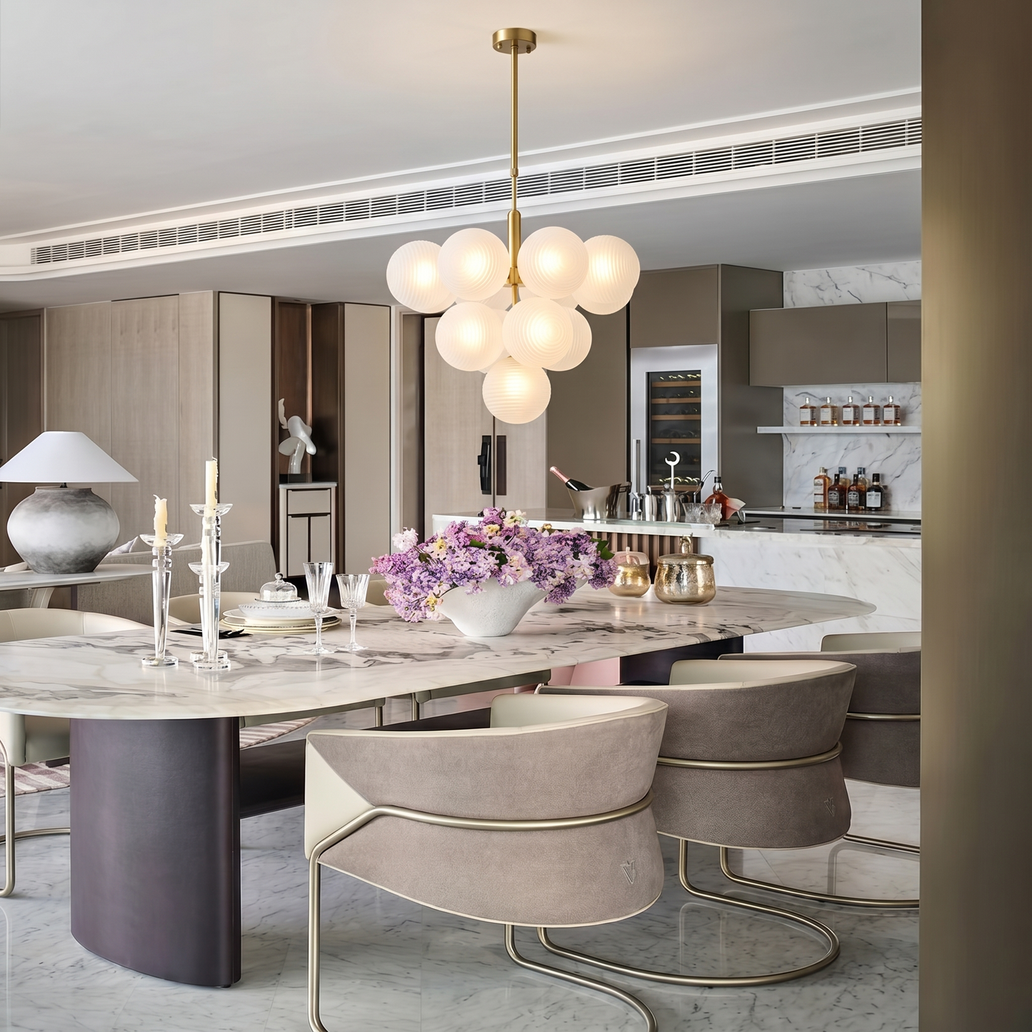 Ribbed Glass Globe Cluster Chandelier