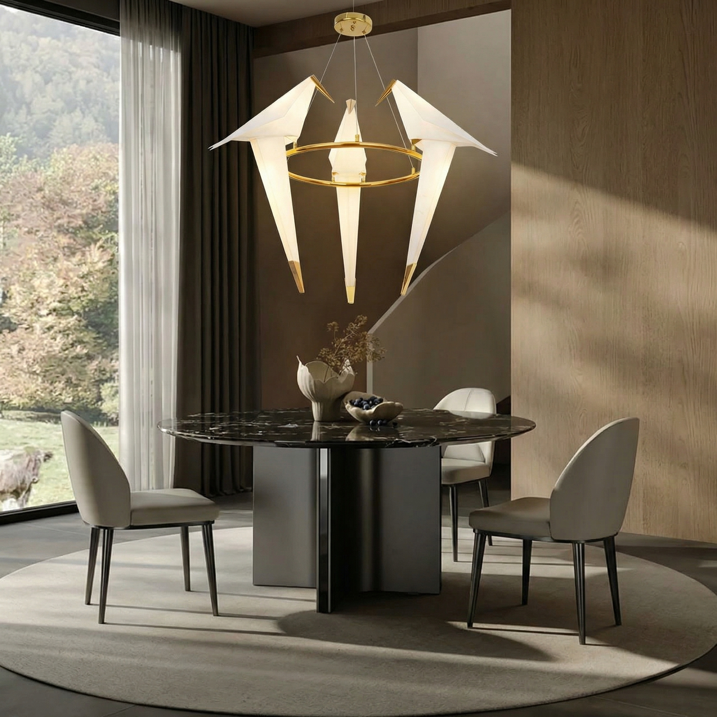 3-Bird Circular Origami Chandelier in Gold