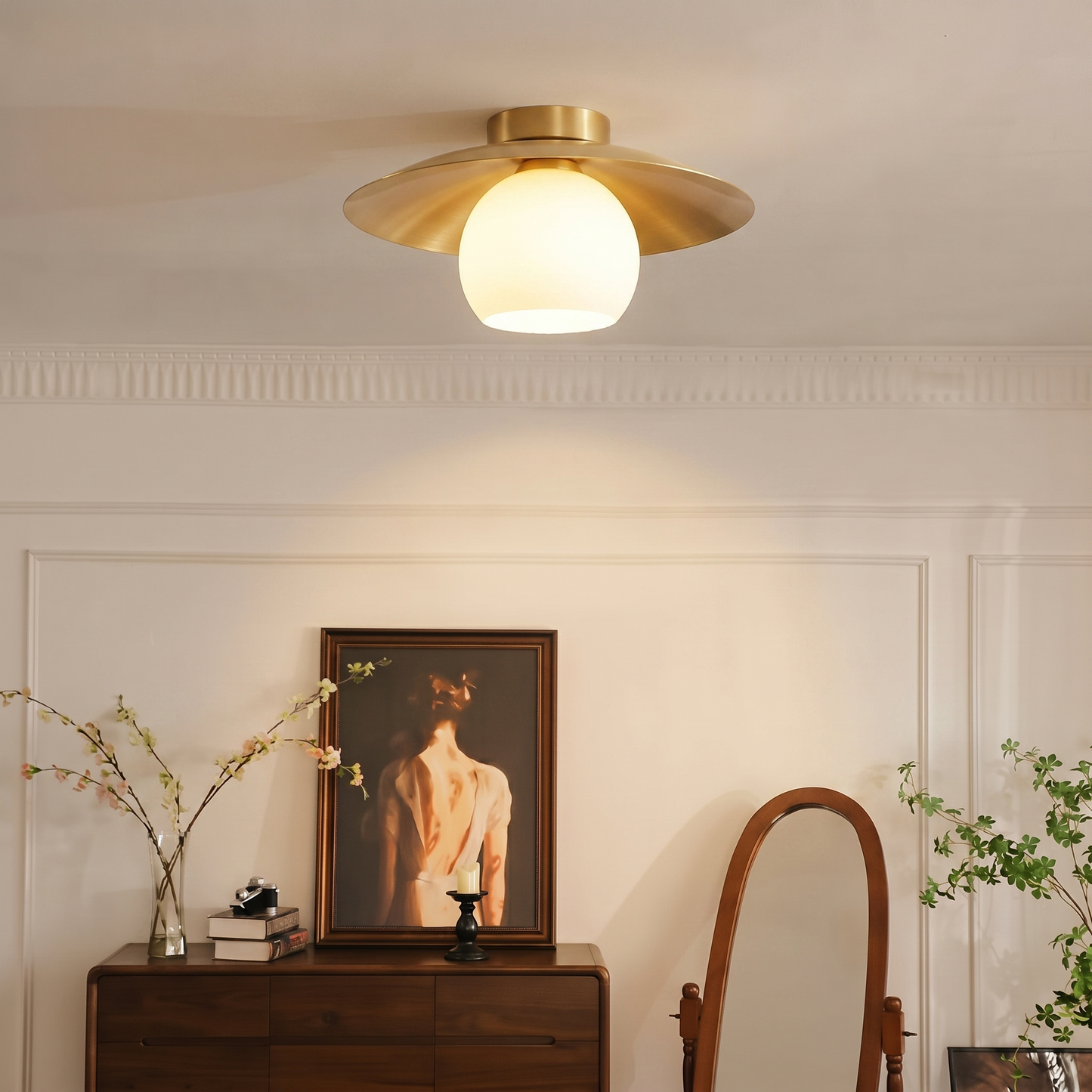 Brass Cap Opal Glass Flush Mount