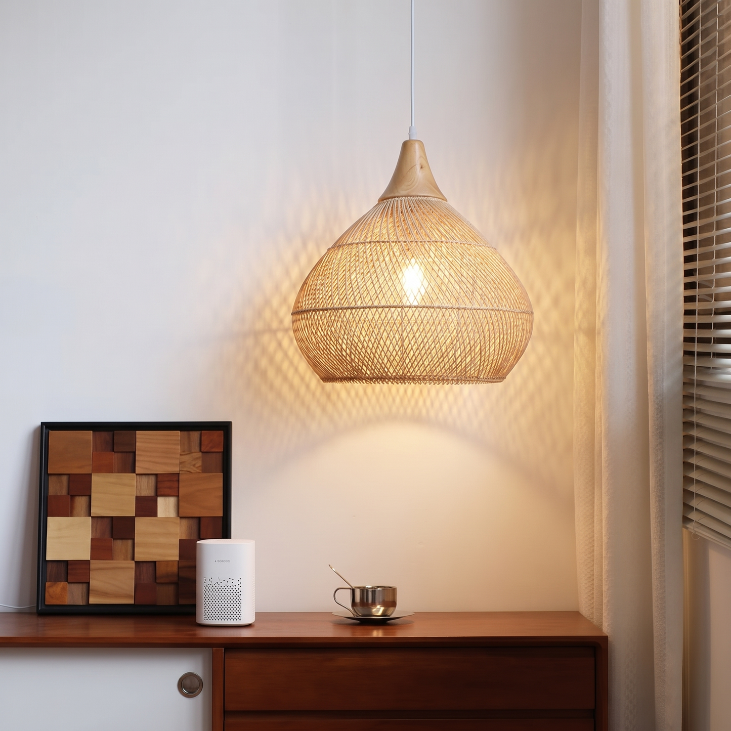 Rattan Teardrop Pendant with Wood Top