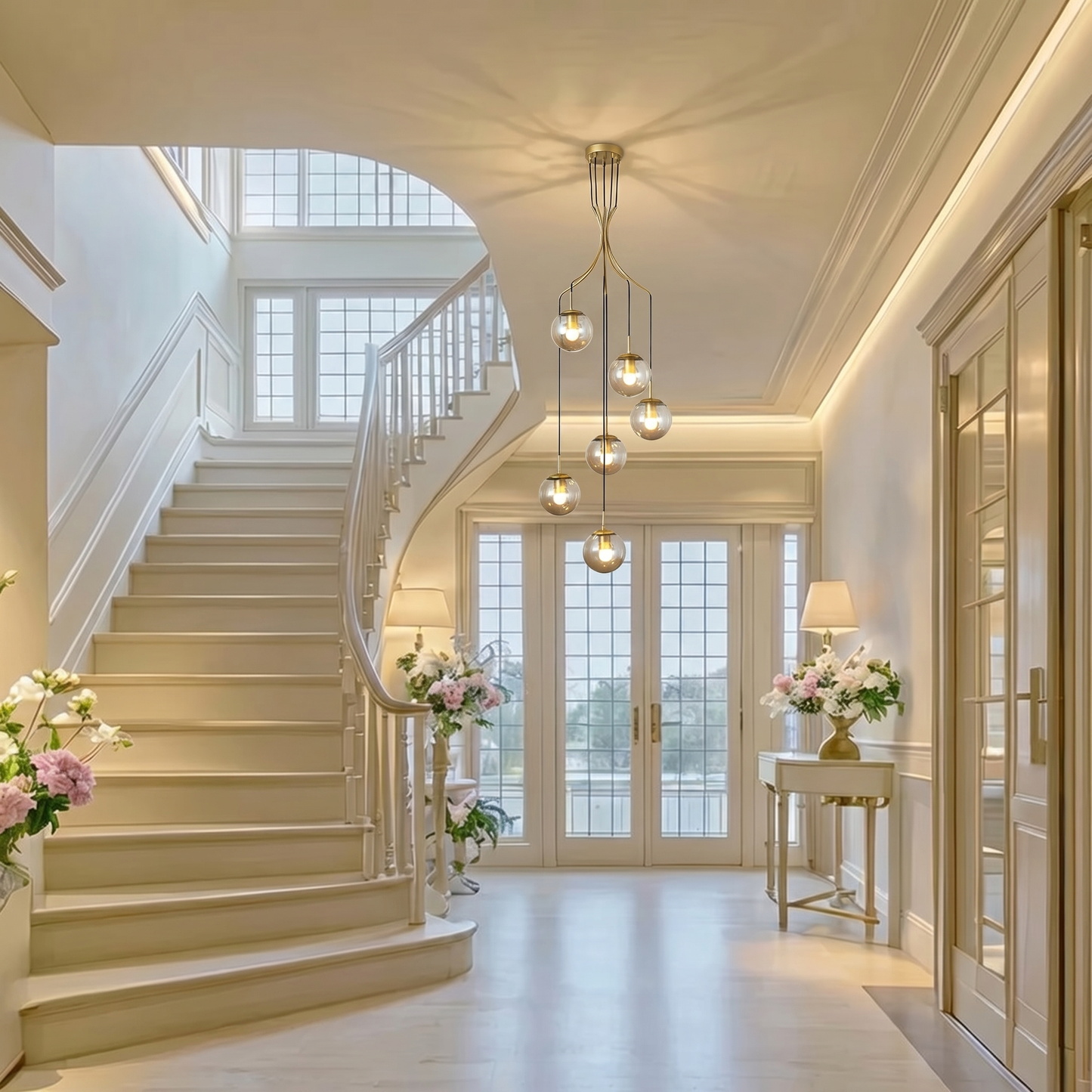 Spiral Amber Glass Globe Staircase Chandelier